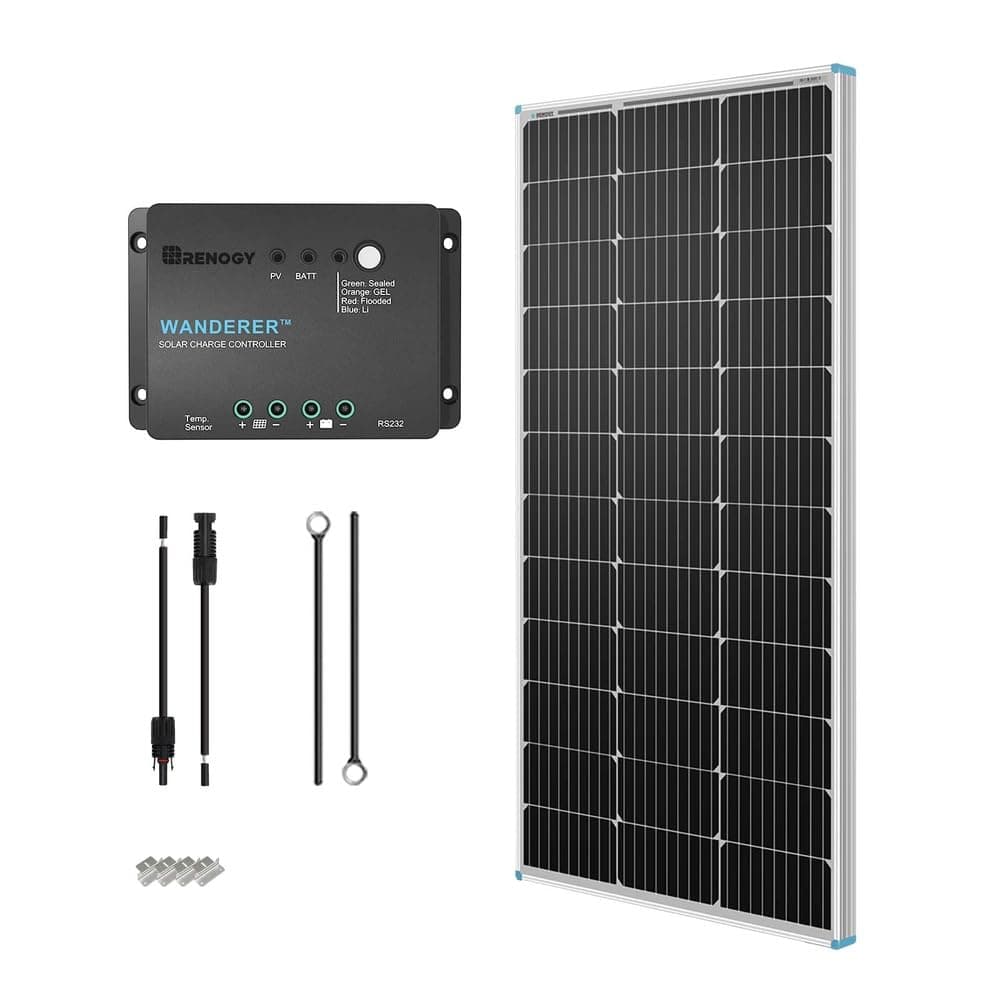 100W 12V Solar Panel Starter Kit, 100 Watt Monocrystalline Solar Panel, 30A LCD PWM Charger Controller, Adaptor Kit, Tray Cables, Z Brackets for RV, Camper, and Other Off Grid Applications