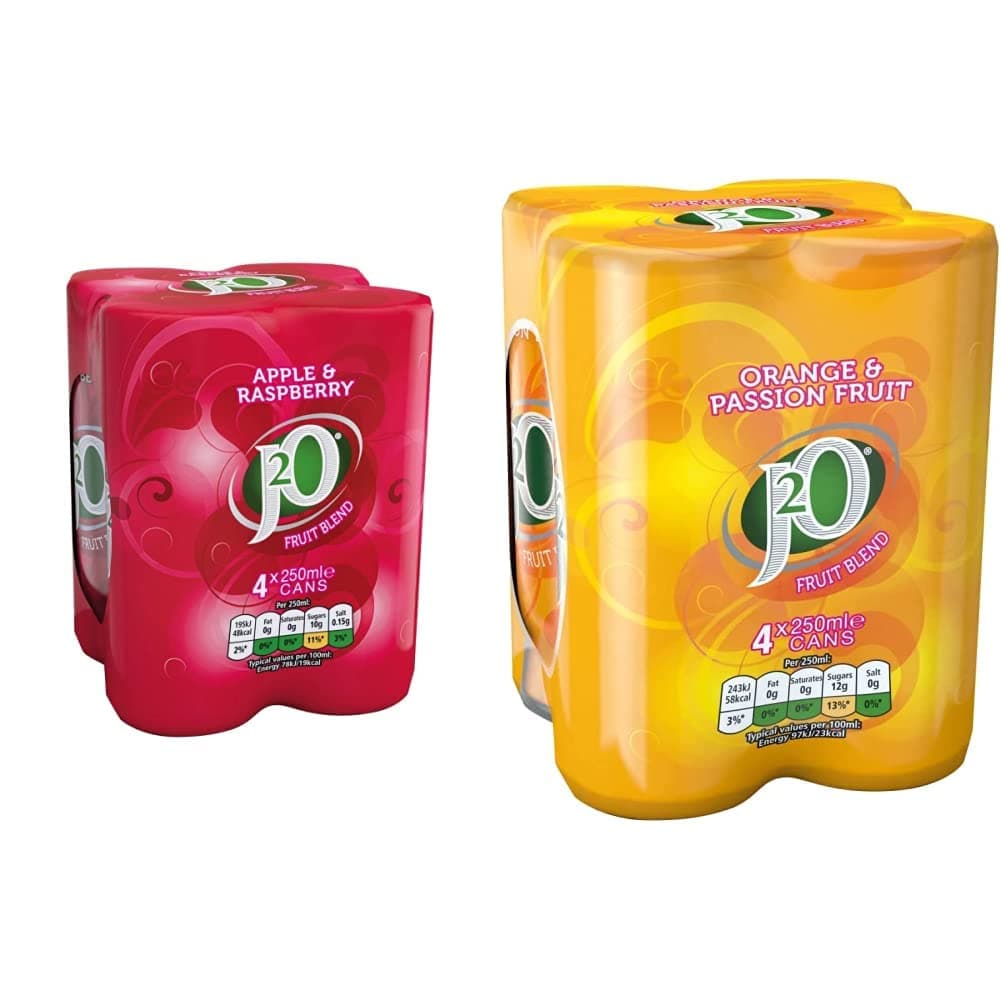 J2O Apple & Raspberry Fruit Blend, 4 x 250ml & Orange & Passion Fruit Blend, 4 x 250ml