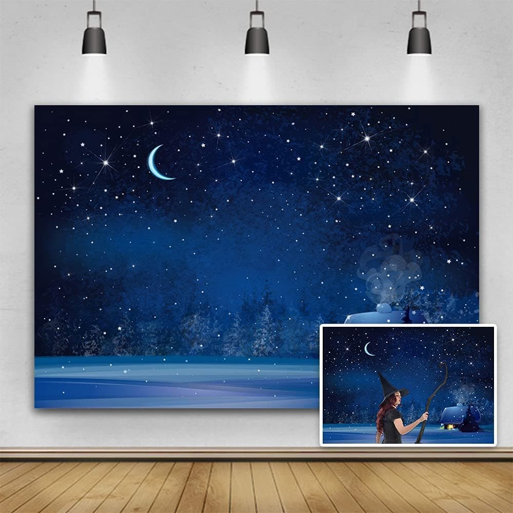 Yeele 9x6ft Romantic Evening Backdrop Forest hut Light Chimney All Over The Sky Star Moon Dark Blue Night Sky Photography Background Vinyl Studio Props Decorations Banner