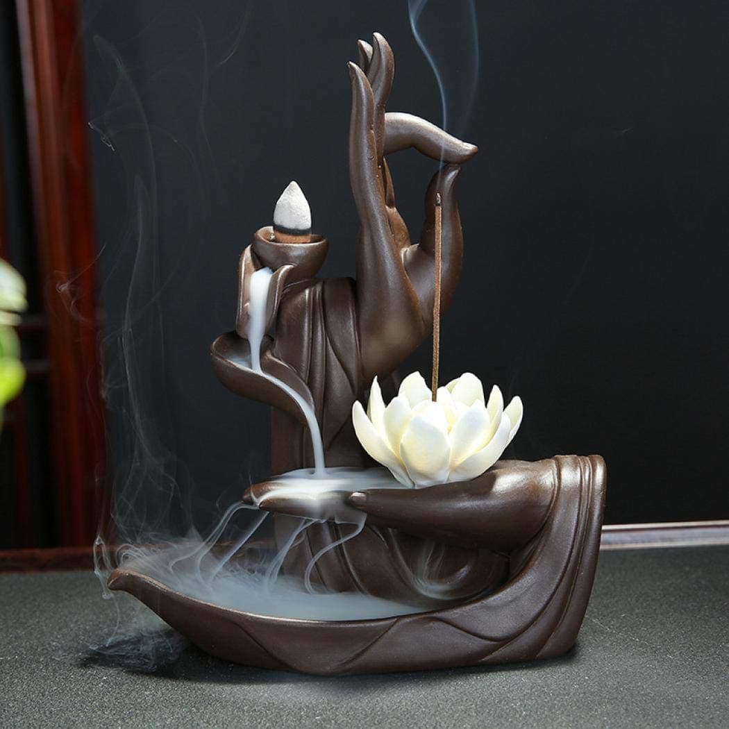 Ceramic Lotus Backflow Incense Burner Waterfall Incense Cone Holder with 20 Incense Cones, Home Decoration Zen Incense Burner Ornaments (Lotus)