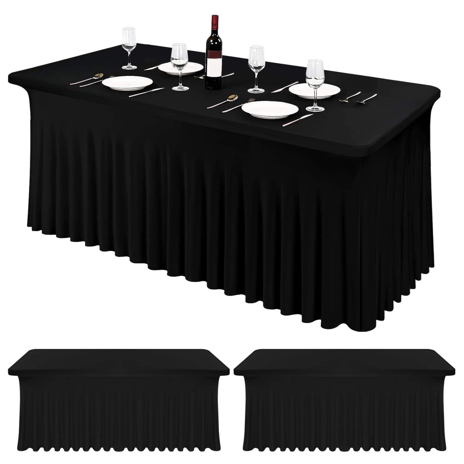2 Packs Black Spandex Table Clothes for 6 Foot Rectangle Tables,Wrinkle-Resistant Fitted Table Cover 6FT Stretch Rectangle Tablecloths with Skirt for Weddings Banquets Trade Show Party Events