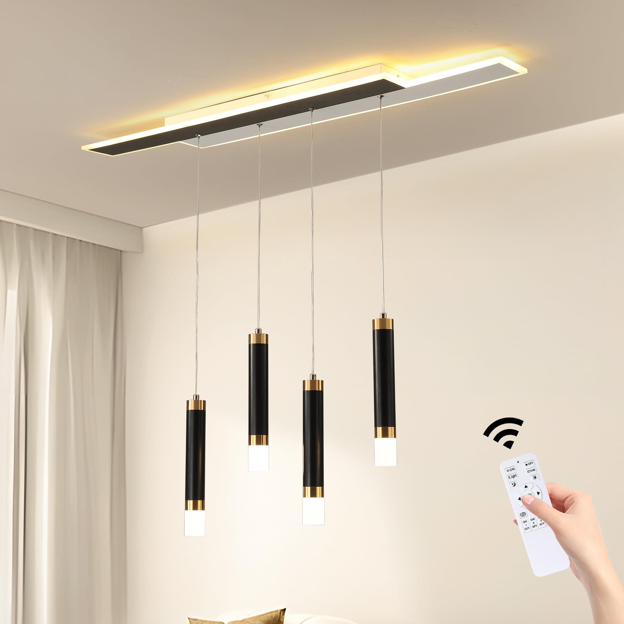 Jaycomey Modern LED Chandelier, Dimmable Acrylic 4-Light Modern Ceiling Pendant Lighting with Remote, Indoor Dining Light Fixture for Kitchen Island Living Room Restaurant Office (48W, Black)