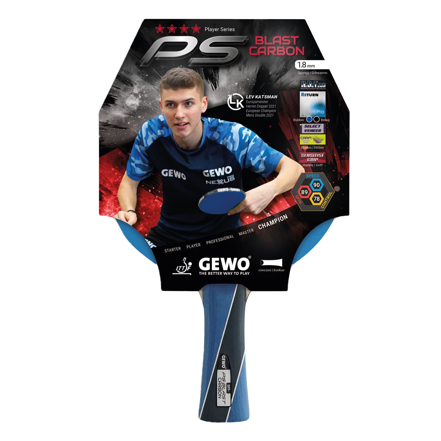 GEWOPS Blast Carbon Table Tennis Bat - ITTF Approved Professional Table Tennis Bat, Carbon Bat with Fast Coating Gewo Return Pro and High Rotation Properties, Concave, 1.8 mm Sponge