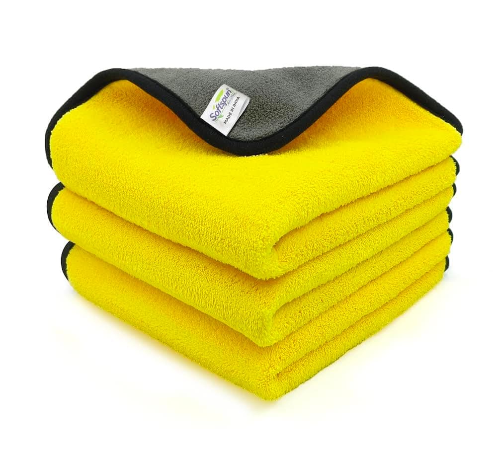 SOFTSPUN Microfiber Cloth Silk Banded Edges 800 GSM 30X40 cms 3pcs Yellow+Grey! Silk Banded Edge Towel Set Extra Thick Microfiber Cleaning Cloths Perfect for Bike Auto Cars Both Interior and Exterior.
