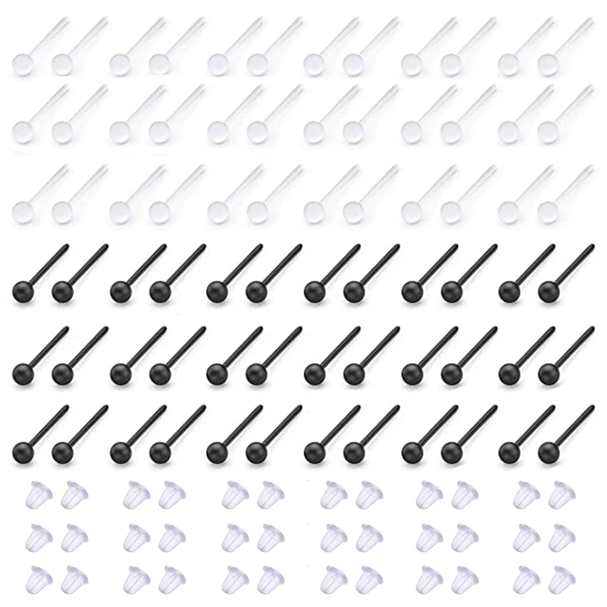 TYPHEERX120Pcs Plastic Earrings Clear Earring Studs Retainers Rubber Back, Black