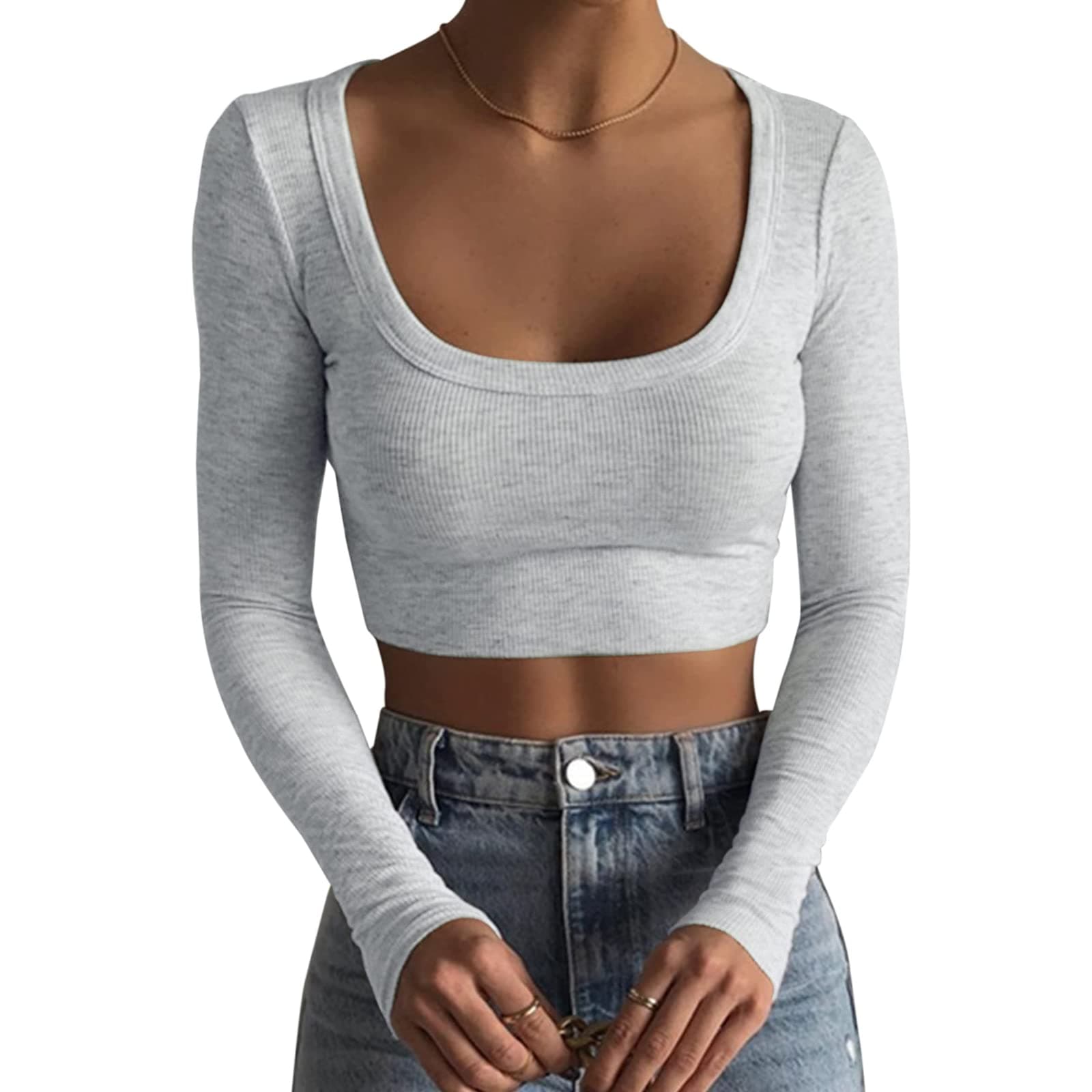 WPNAKSWomens Going Out Long Sleeve Slim Fit Basic Crop Top Y2k Fitted Tee Shirt Skinny Tight T-Shirt Streetwear