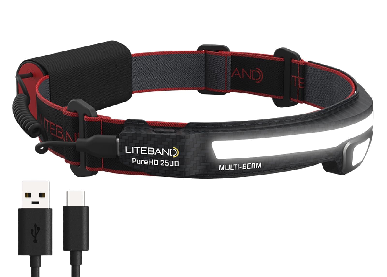 LITEBAND PRO Multi-Beam Rechargeable LED Headlamp, 2500 Lumens, 210° Wide Beam + Focused Spot, PureHD High CRI Light, Hard Hat Compatible, Professional No-Bounce Fit, IPX5 Weather Resistant, Carbon