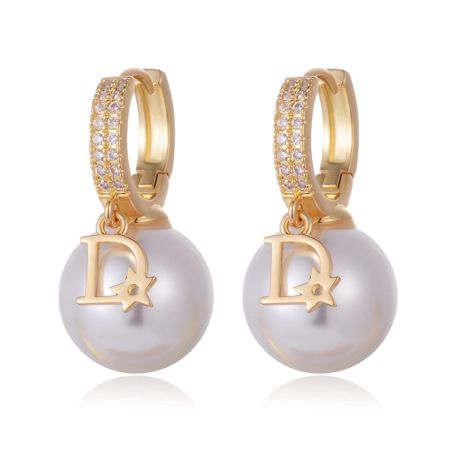 D Pearl Dangle Earrings,Pearl Shell Pearl Full Diamond Ear Buckle Earrings for Women, Hoop Earrings, Fashion Retro Style Copper Plated Letter D Earrings