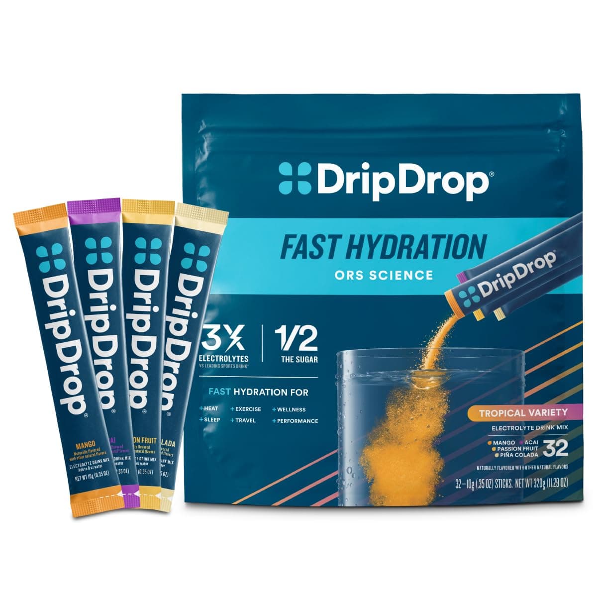 DripDrop Hydration Packets - Tropical Variety Pack - Single Serve Electrolytes Powder Drink Mix - Mango, Açaí, Passion Fruit, Piña Colada - Non-GMO, Gluten Free, Vegan - 32 Sticks
