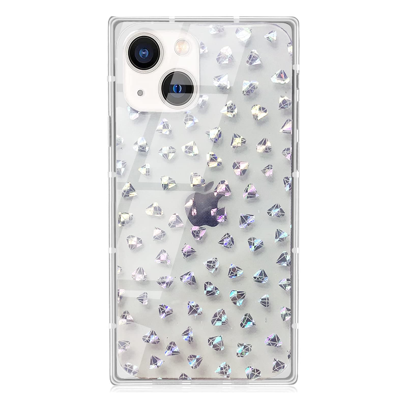 LEMONCOVER for iPhone 13 Case (6.1") Square Cute Clear Glitter Bling Holographic Design Pattern,Soft Camera Screen Protective Bumper Women Girls Slim Flexible Shockproof Cover- Rainbow Diamond