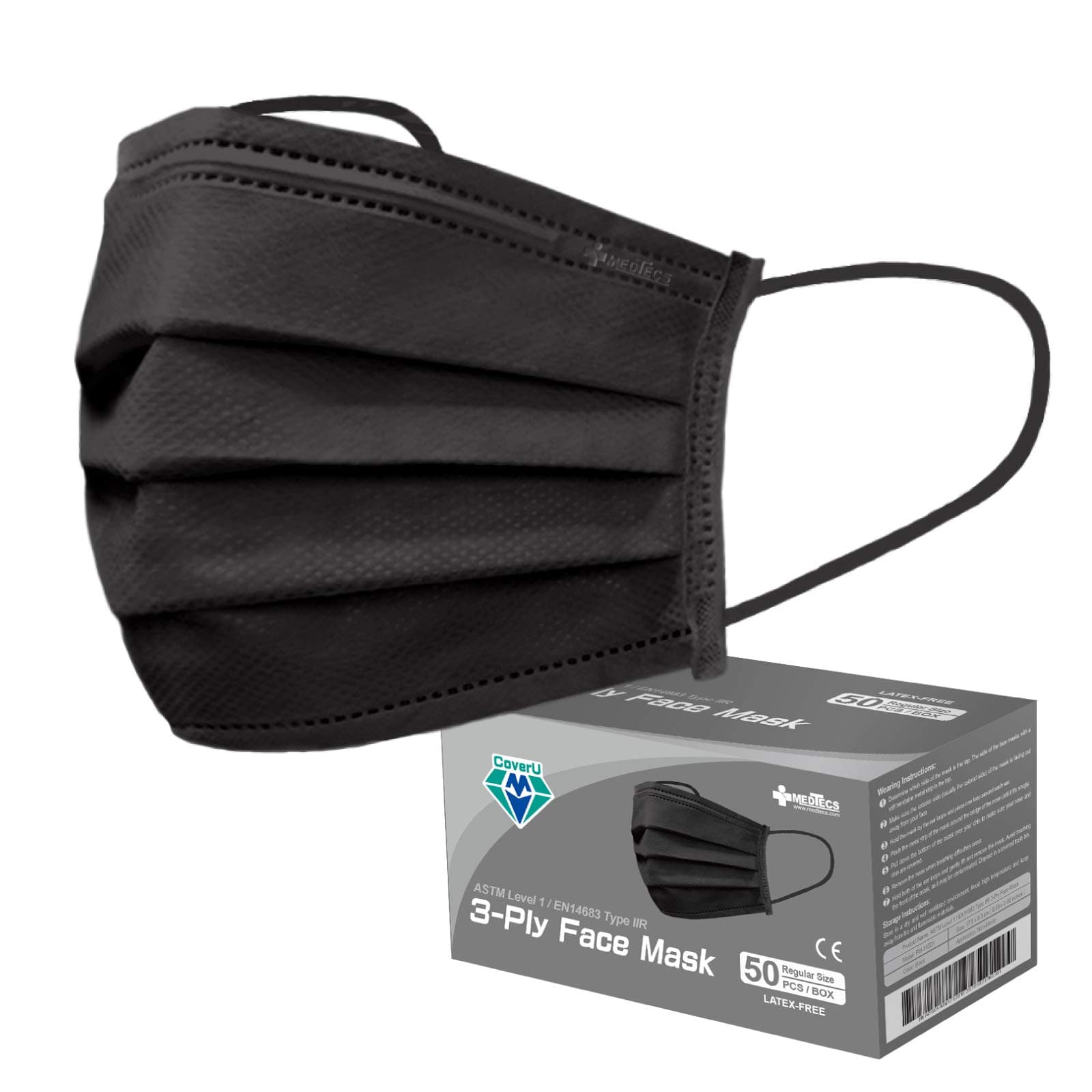 Medtecs Disposable Face Mask, 3 layer Breathable Comfortable Masks, Providing Health Protection Safety, Not Made in China, Anti Dust, CoverU Adult facemask, Pack of 50 pc Black Colored