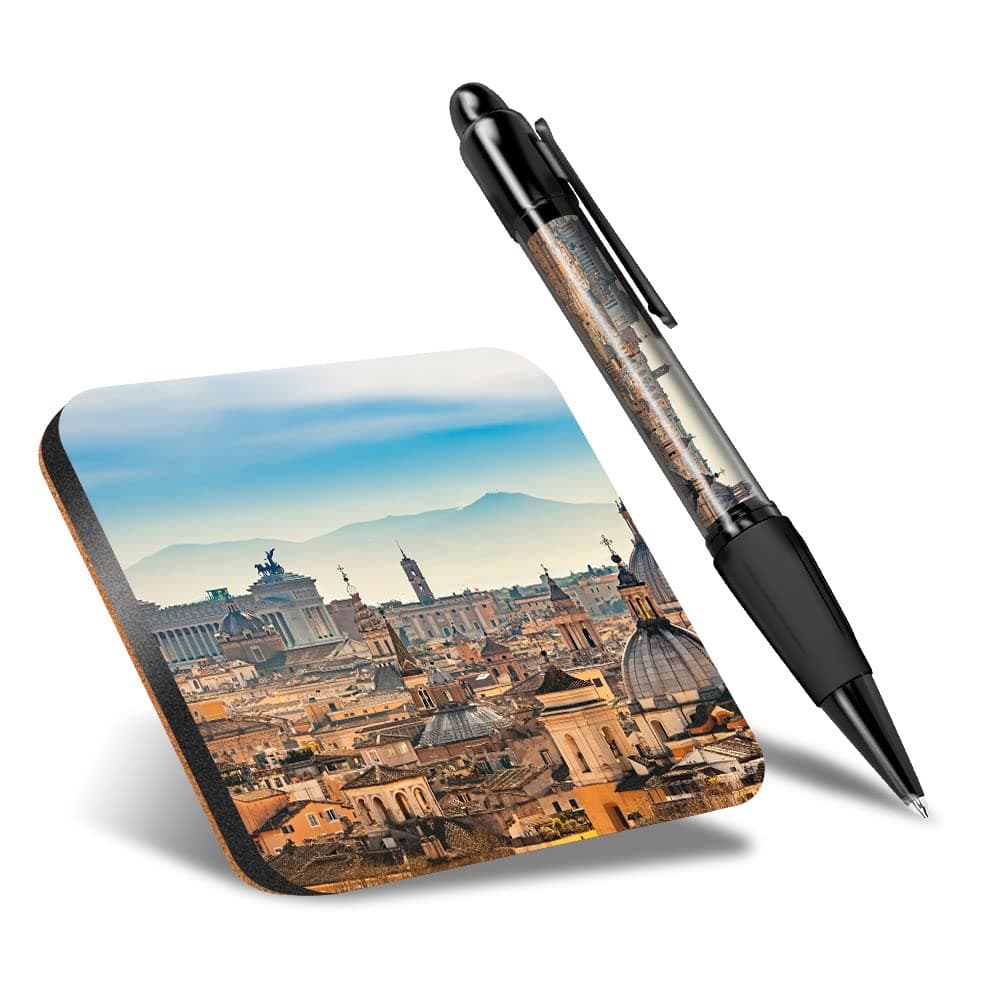 DV DESIGN1 x Eco Square Coaster & 1 Pen Set - City of Rome Castel Sant'Angelo Drink Cup Mug Glass Table Protection Mat #44620