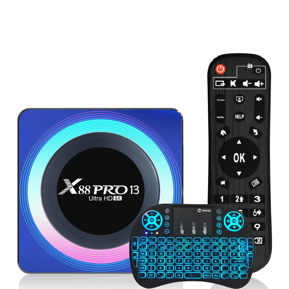 CHROXAndroid TV Box 13.0, X88 Pro 13 Smart TV Box RK3528 4GB 64GB Support 2.4G/5.8G Wifi6 BT5.0 with Mini Backlit Keyboard Ethernet LAN 3D/4K Video Set Top TV Box,4GB+64GB