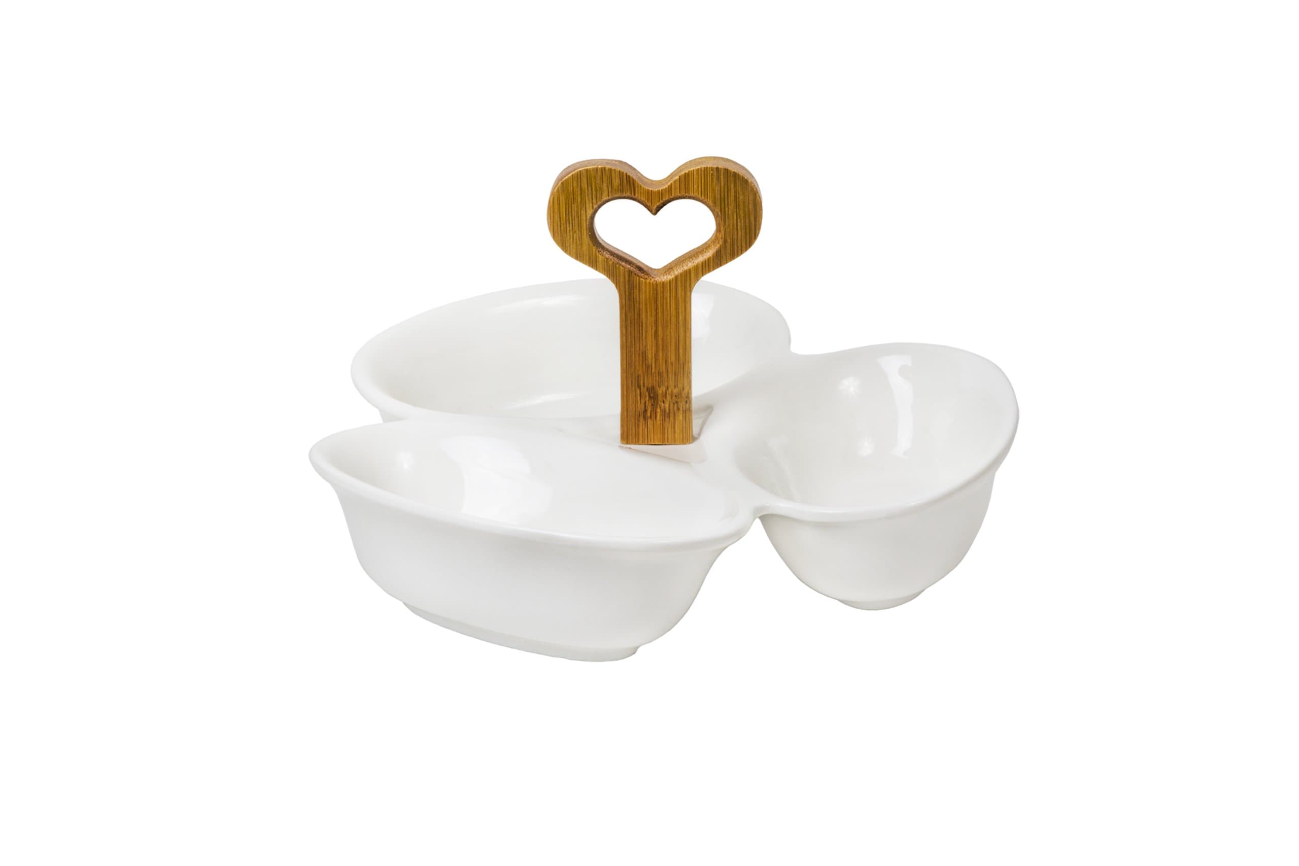 Three Section Dipping and Condiment White Ceramic Bowls with Bamboo Handle
