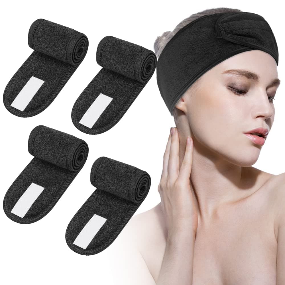 LeaflaiSpa Headband, 4Pcs Make Up Wrap Head Terry Cloth Headband with Adjustable Magic Tape Non-slip Stretchable Washable Towel for Face Washing, Bath, Makeup, and Sport (Black)