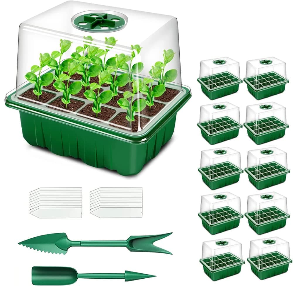 Seed Starter Tray, 10 Pack 120 Cells Thicken Seed Starting Trays Kit with Humidity Dome/Heightened Lids Growing Trays for Greenhouse & Gardens, Green