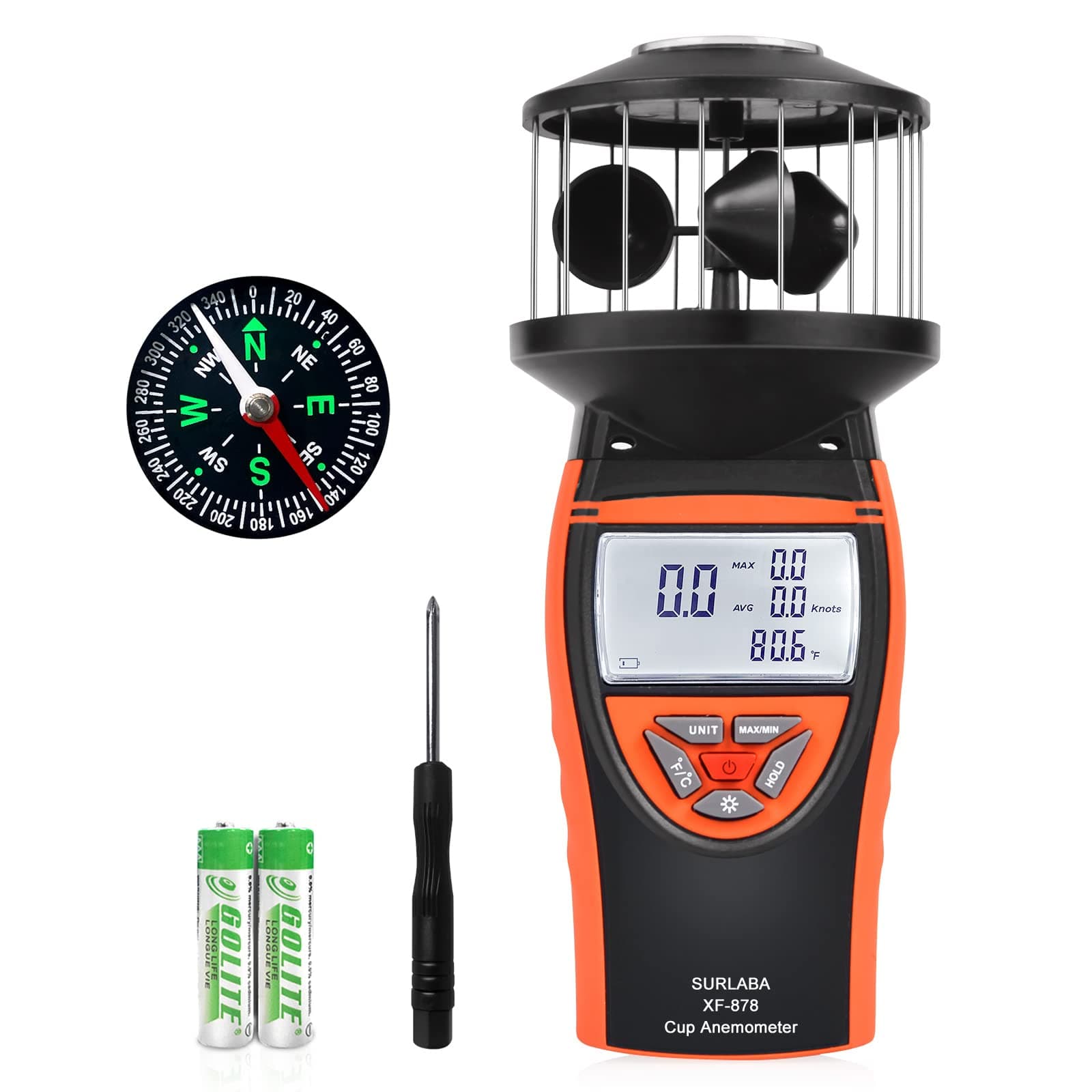 Wind Cup Anemometer, Wind Speed Meter XF-878 Range 0.7-42m/s, High Accuracy Wind Gauge Measures MAX/MIN/AVG Wind Velocity & Temperature, Air Flow Tester for Drone, Sailing, Surfing