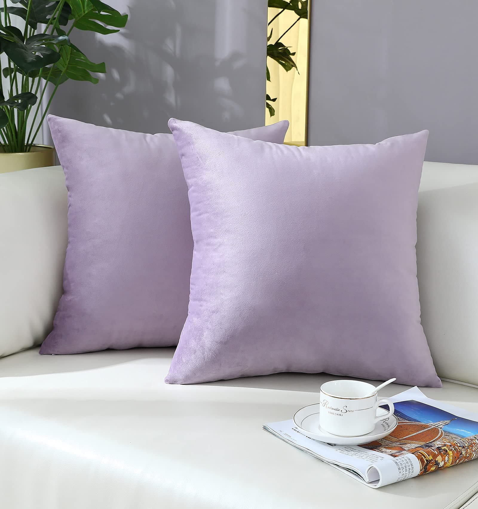 mixeoo Comfy Lavender Throw Pillow Covers Decorative Square Solid Thick Velvet Super Soft Cushion Cases Home Decor for Sofa Couch Living Room Chair, Set of 2, 18 x 18 Inch