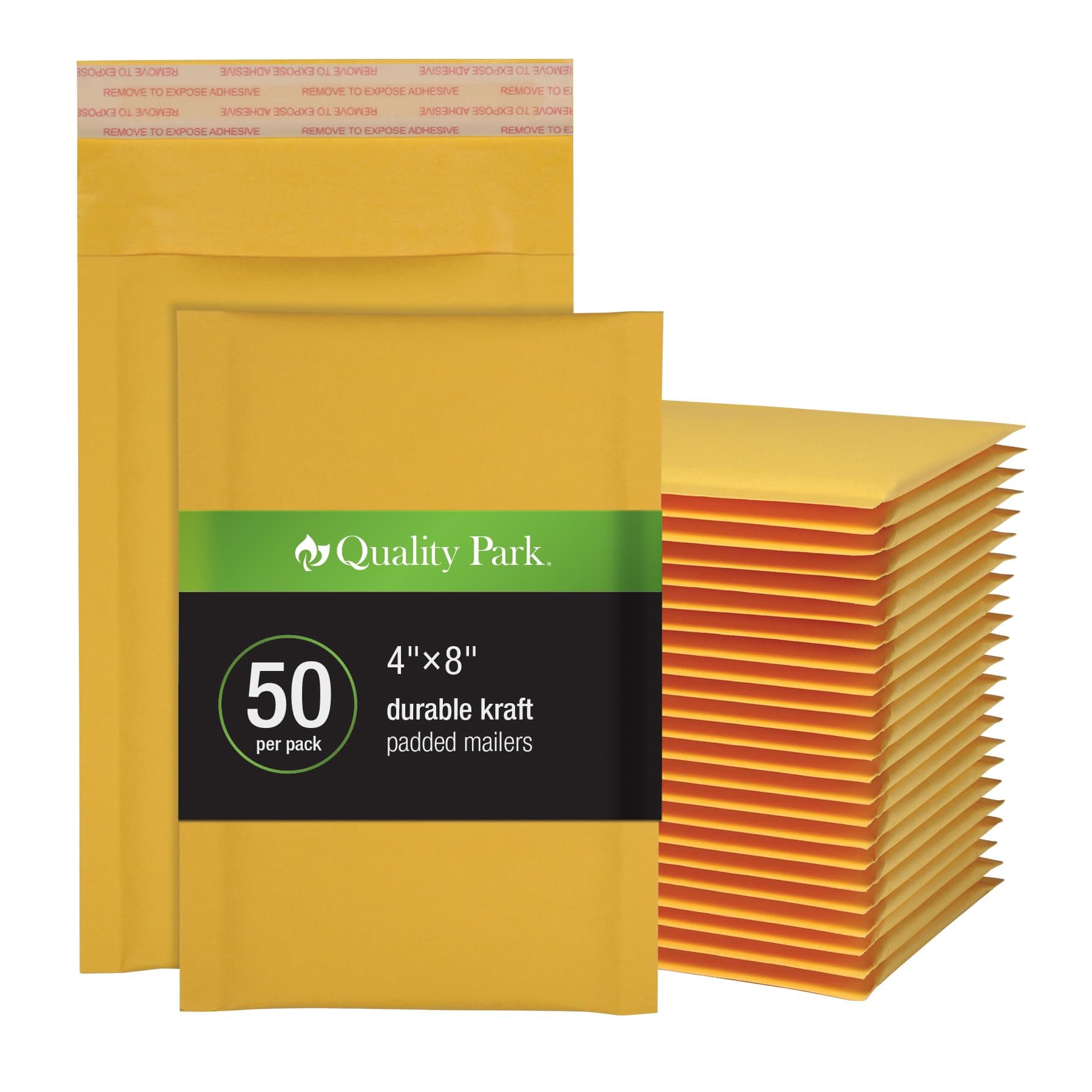 Quality Park Bubble Mailers, 4 x 8 Shipping Envelopes, Self-Seal, Small Kraft Padded Envelopes, Redi-Strip Peel Off Closure, 50 Per Box (QUA85928)
