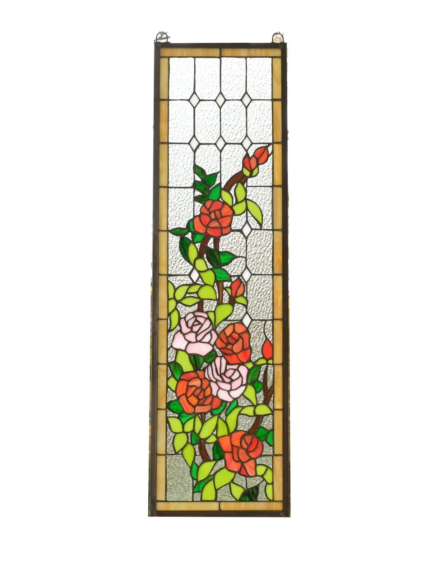 10" x 35.5" Handcrafted Hanging Stained Glass Window Panel Rose Flowers
