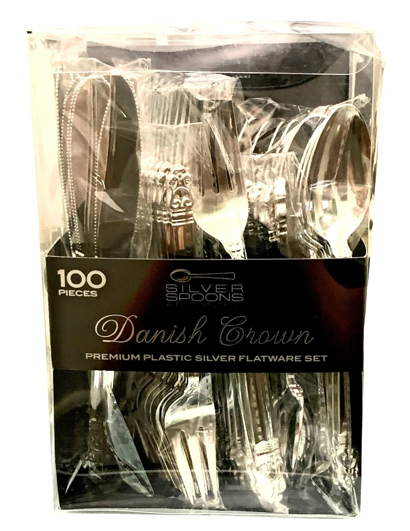 DANISH CROWN DISPOSABLE SILVERWARE SET | Heavy Duty Plastic Cutlery | 100 pc Set | 20 Dinner Forks, 20 Dessert Forks, 20 Knives, 20 Soup Spoons and 20 Dessert Spoons (Silver)