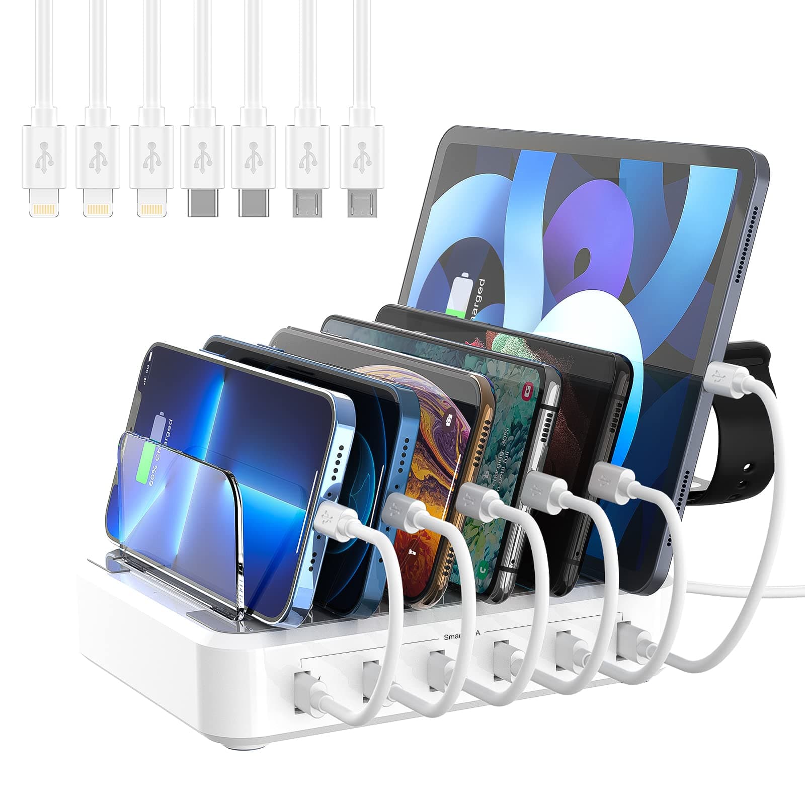 Charging Station for Multiple Devices,60W 6 Port USB Charging Station，8 Short Charging Cables and iWatch Holder Included for iPhone iPad,Tablets