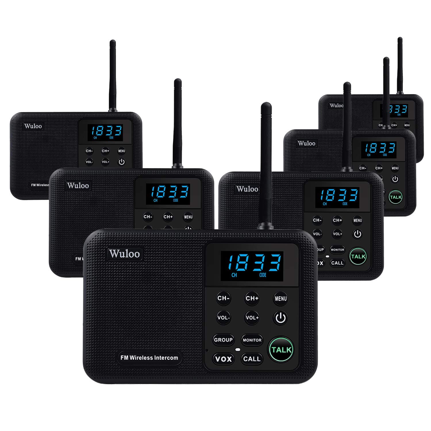 Intercoms Wireless for Home 1 Mile Range 22 Channel 100 Digital Code Display Screen, Wireless Intercom System for Home House Business Office, Room to Room Intercom Communication (6 Packs, Black)
