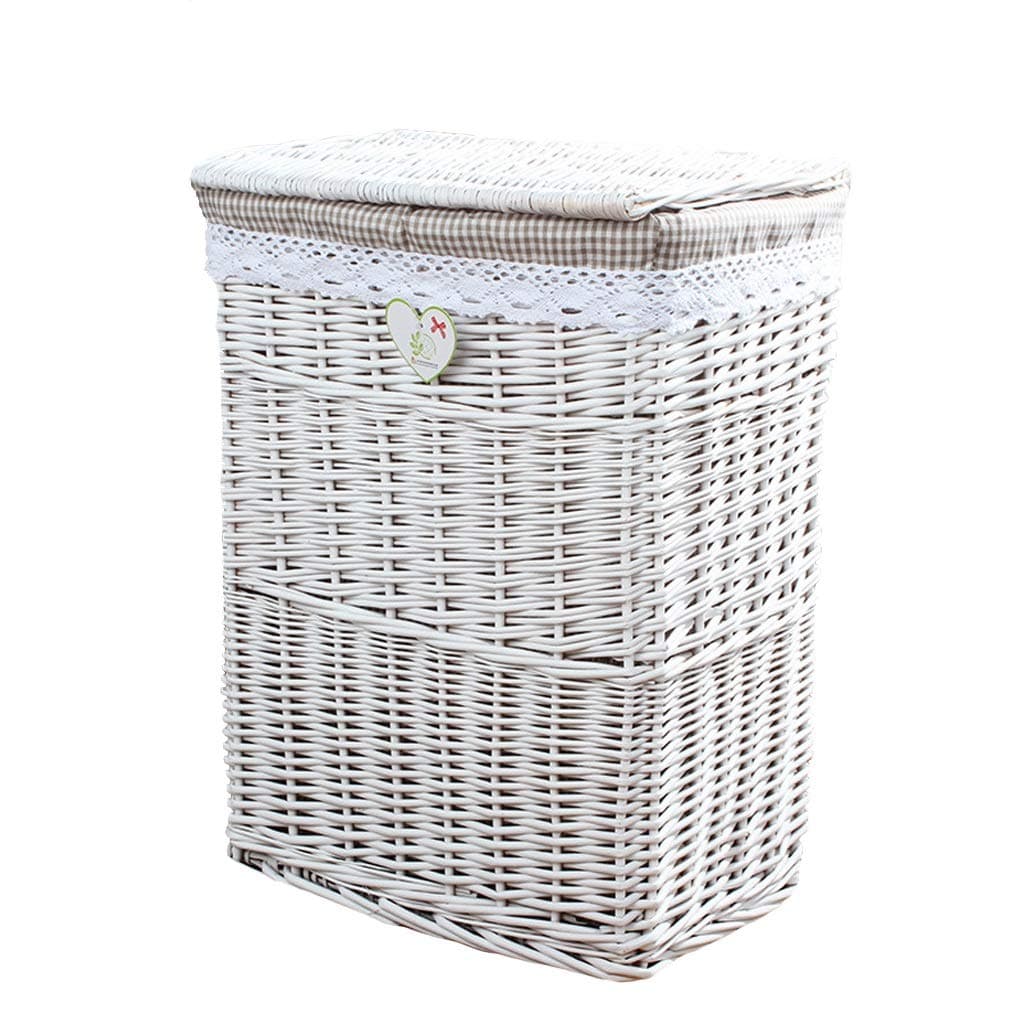 Laundry Hamper Basket Wicker,Clothes Storage Bag Sorter Bin Bucket Household Organizer Lid with Cloth Lining (Color : White)