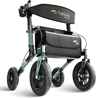 All Terrain Rollator Walker with Seat & Large 12” Pneumatic Tires – Foldable Outdoor Walkers for Seniors with Seat, Lightweight & Adjustable Height, Shock-Absorbing for Comfort on Any Surface