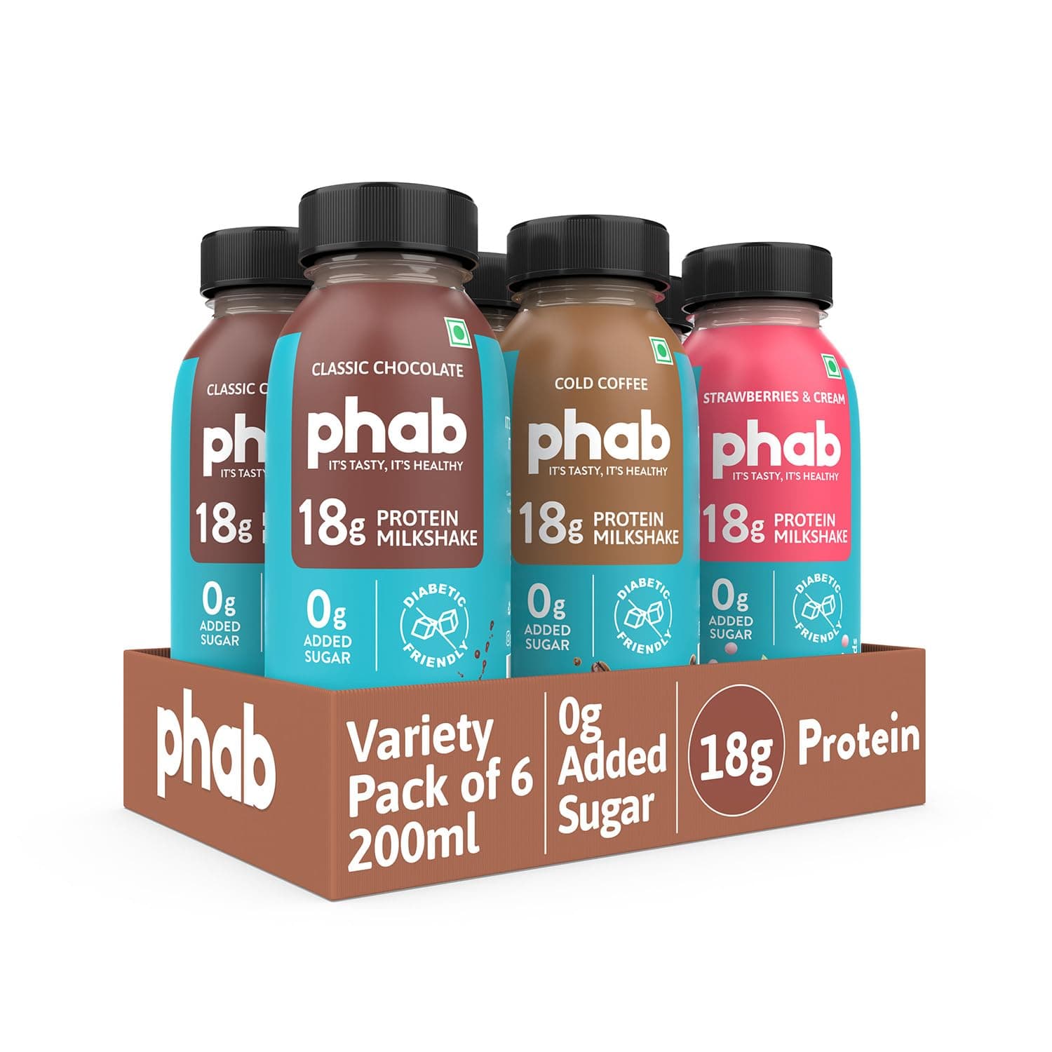 Phab Assorted Protein Milkshakes with 18g Protein & No Added Sugar | Gluten-Free & Gut-Friendly, Trans Fat Free | Rich Source of Fibre & Prebiotics (Pack of 6)