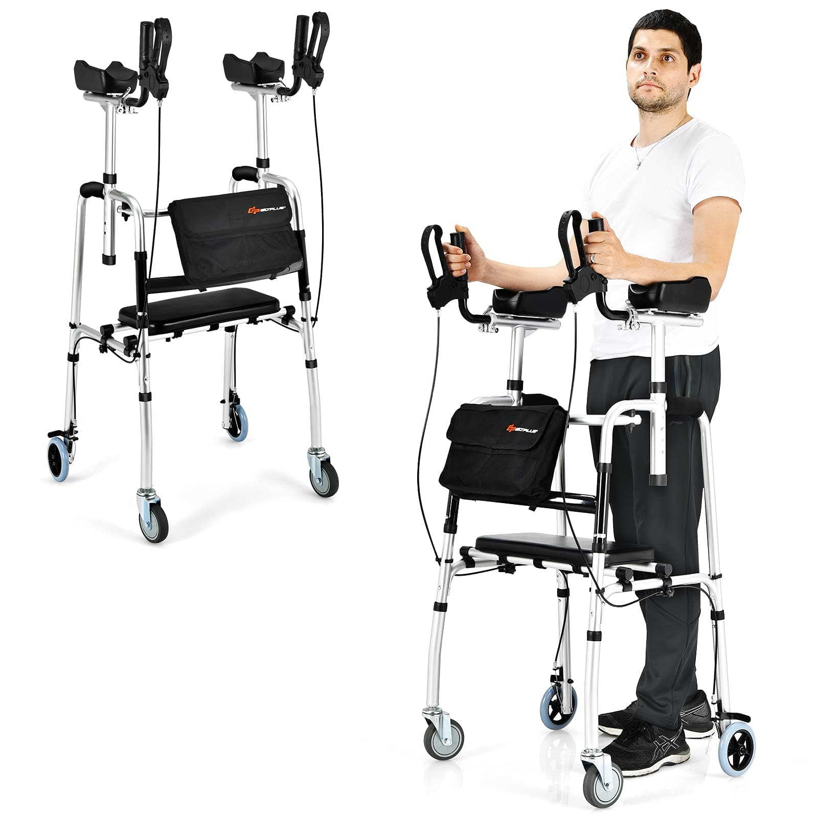 Goplus Upright Walker, Heavy Duty Stand Up Folding Rollator Walker with Seat and Wheels, Padded Armrests Standard Walker, Height Adjustable Rolling Mobility Walking Aid for Seniors and Adults