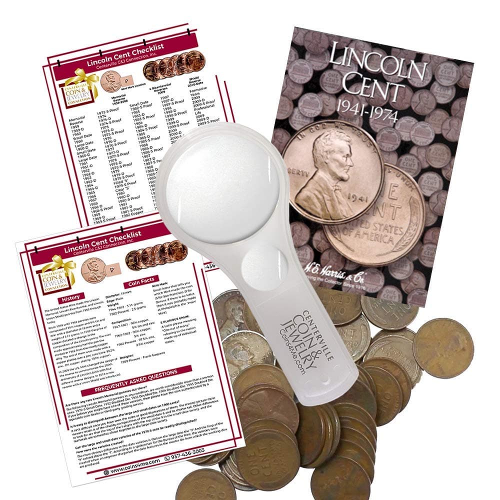 Lincoln Wheat Penny Starter Collection Kit, Part Two, H.E. Harris [2673] Lincoln Cent Folder Vol. 2, One Roll of Wheat Cents, Magnifier and Checklist, (4 Items) Great Start for Beginner Collectors