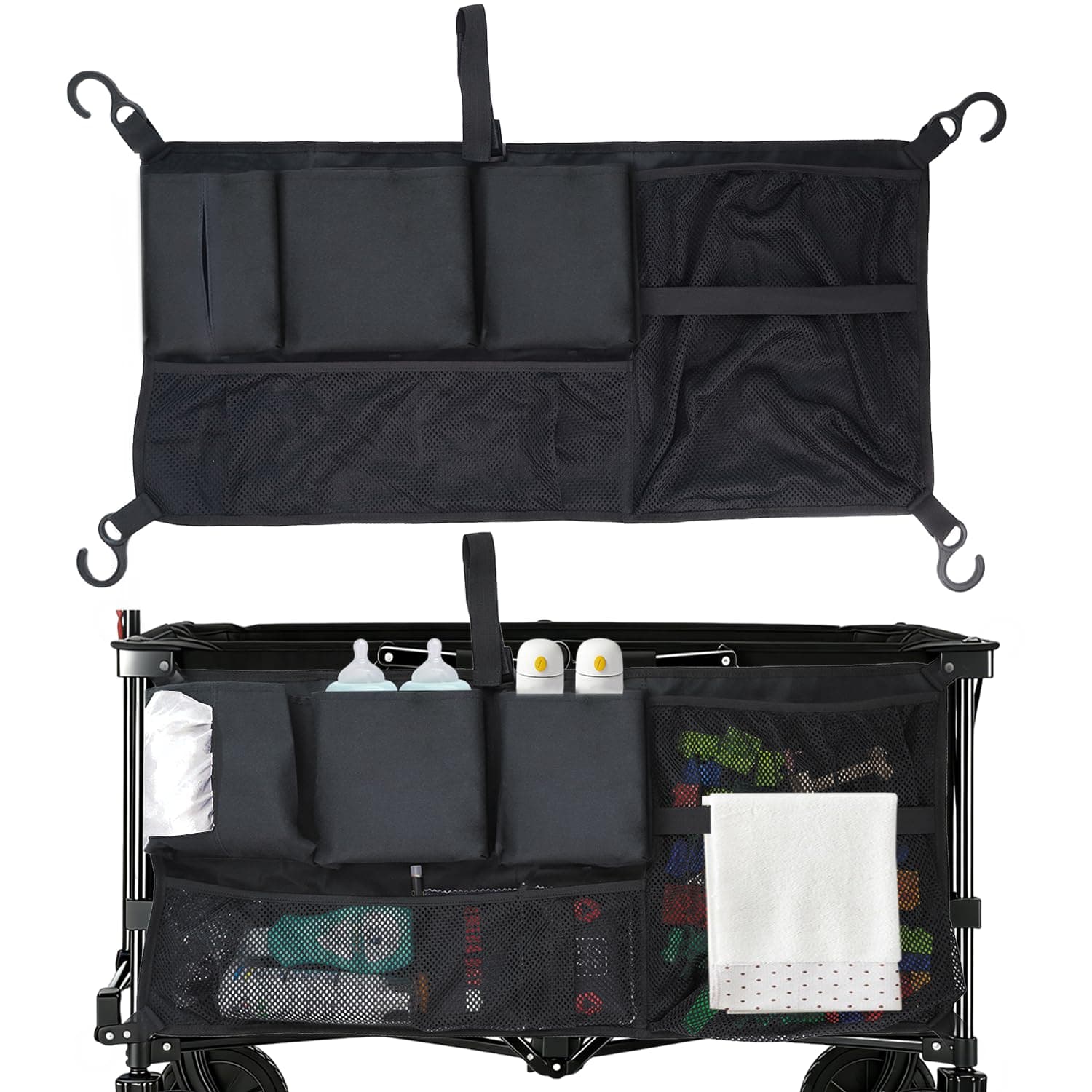 Stroller Wagon Cargo Net, Abnaok Wagon Accessories Organizer Compatible with WONDERFOLD W-Series Models, Large Capacity Mesh Cargo Storage Bag with Sorting Pockets Compatible with Keenz Wagon