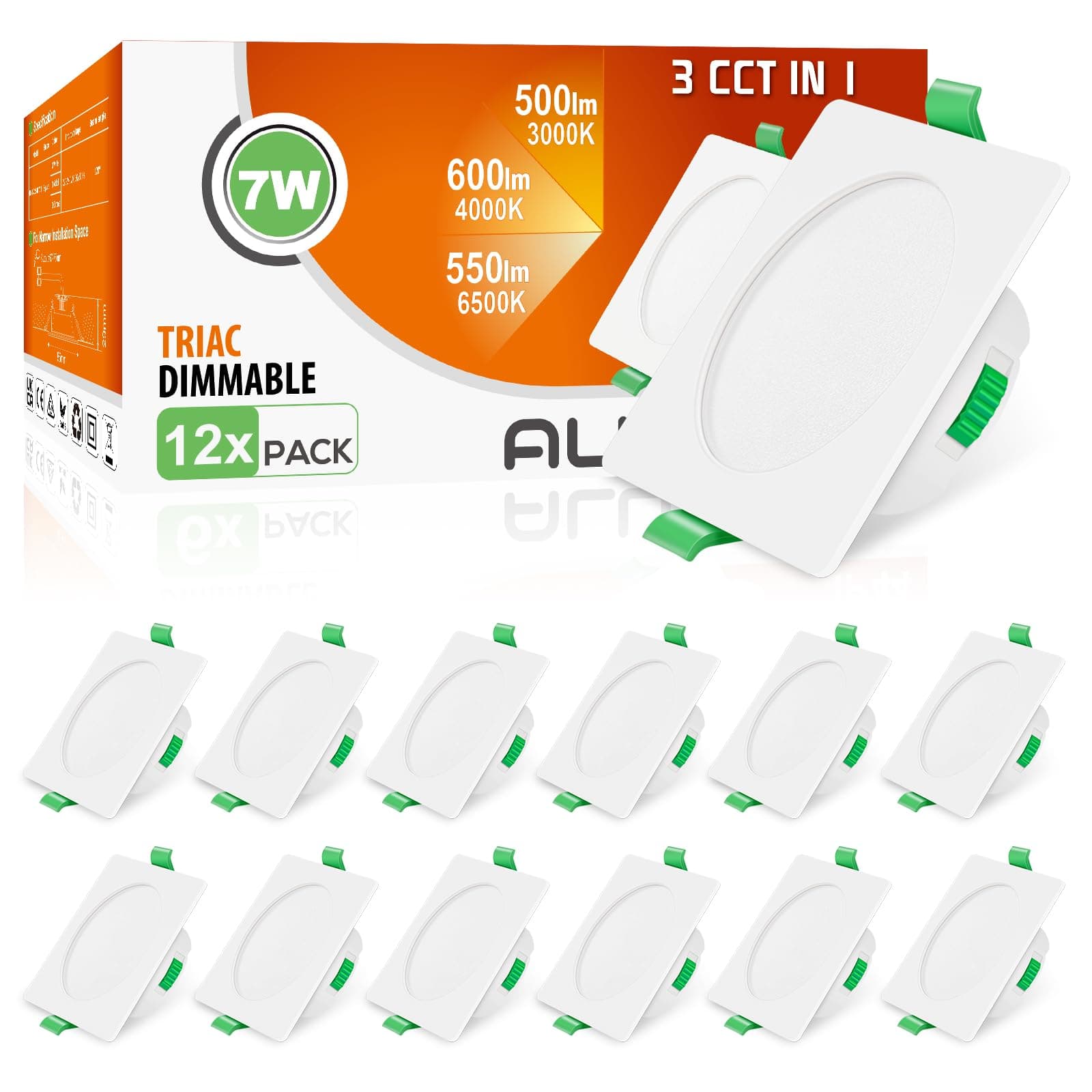 ALUSSO Square LED Downlights Dimmable 7W IP44 Slim Recessed Ceiling Lights, 3CCT 3000K Warm 4000K Neutral 6500K Cool Adjustable Bathroom Spotlights, White, 12 Pack [Energy Class D]