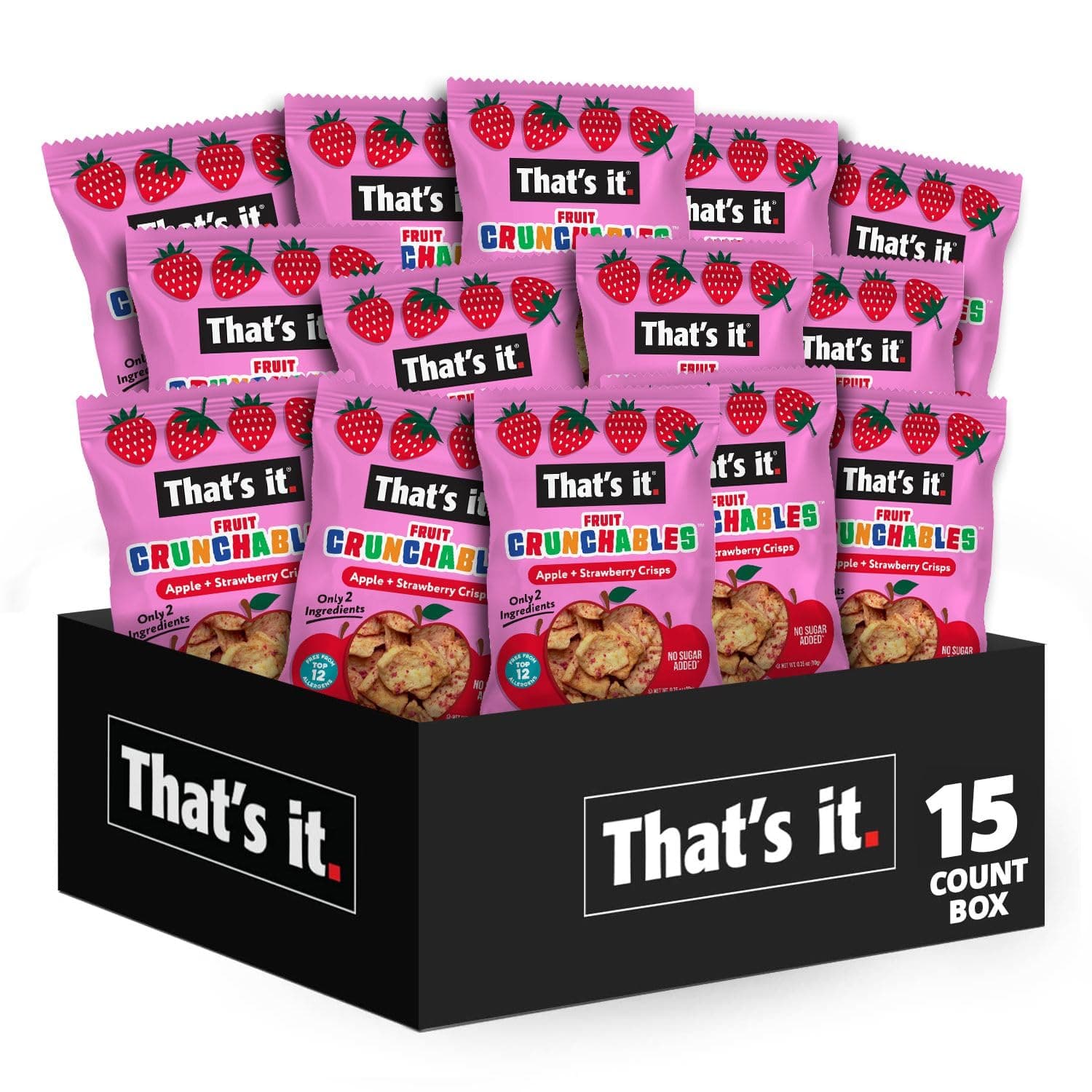 That’s it. Fruit Crunchables Apple + Strawberry Crisps, 15-Pack – 100% Real Fruit Snacks for Kids, Plant-Based, Non-GMO, Gluten-Free, No Sugar Added, Allergen-Free, Healthy Lunchbox Snack