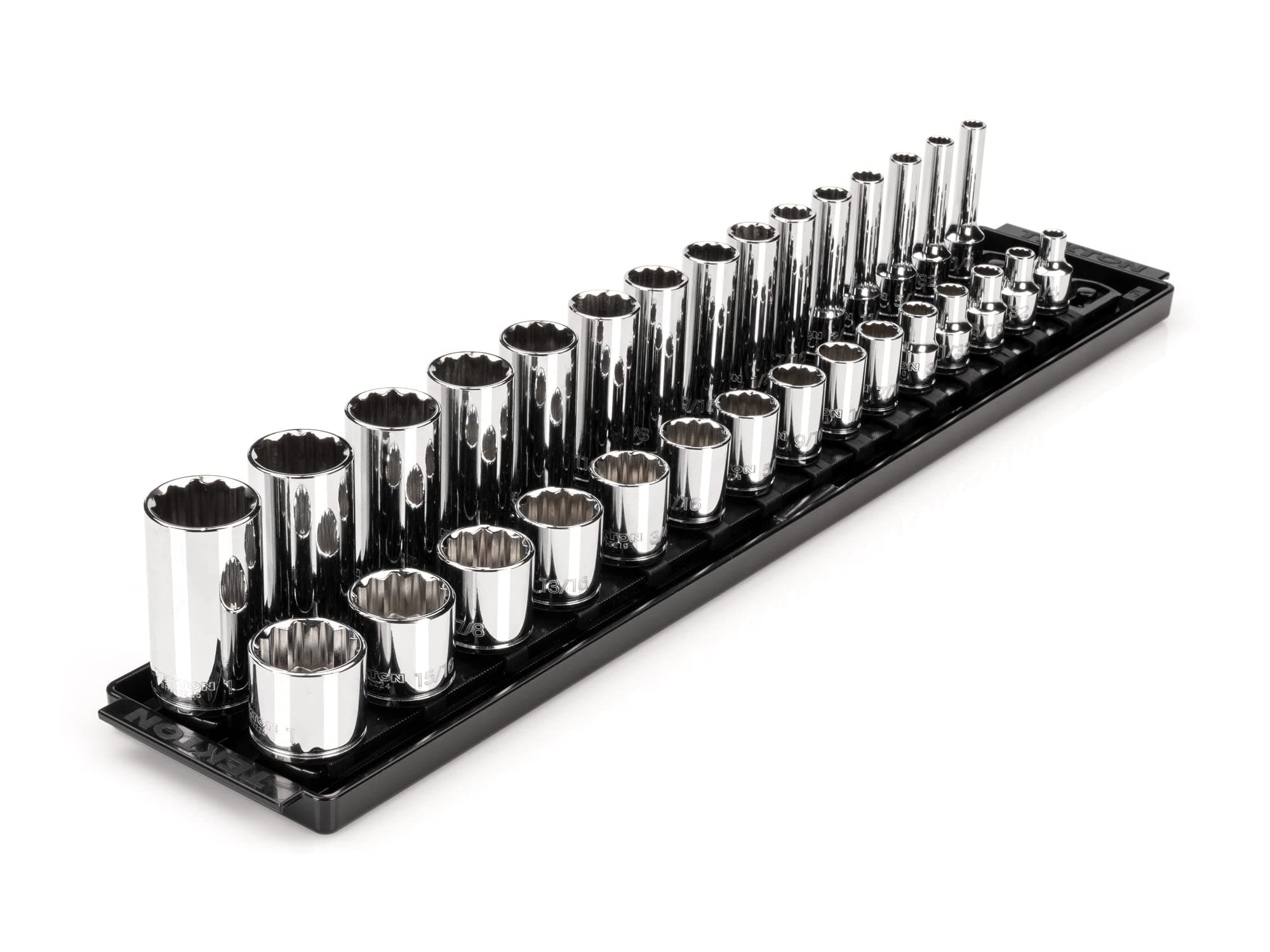 TEKTON 3/8 Inch Drive 12-Point Socket Set with Rails and Tray, 30-Piece (1/4-1 in.) | SHD91210