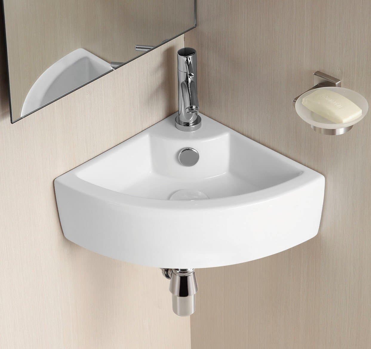 Palmas Wall Mounted Bathroom Corner Basin with Push Click Waste