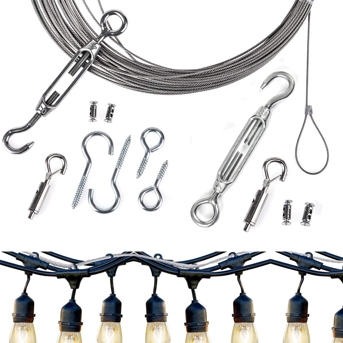 LeDengLux String Lighting Hanging Accessories, Ambience Pro LED Commercial Grade Outdoor Light Hanging Cable, Galvanized Stainless Steel with Hooks and Other Supplies,65ft