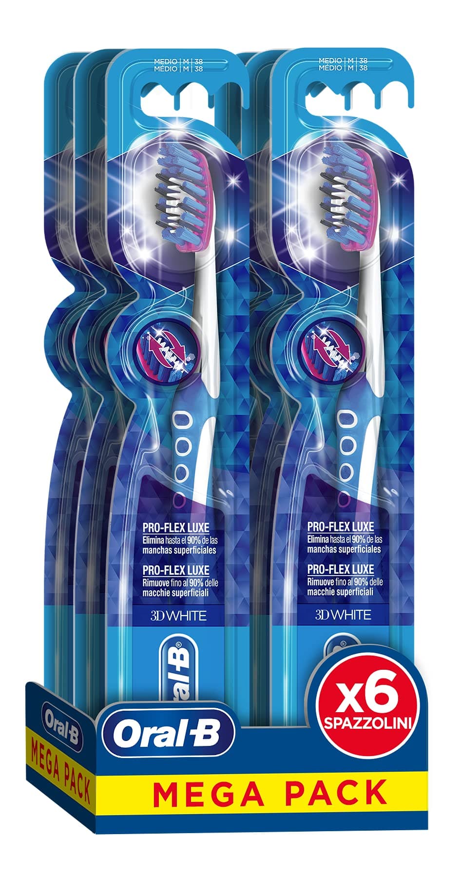 Oral-B 3D White Luxe Pro-Flex Manual Toothbrush, Pack of 6, Flexing And Stain Eraser Head For Teeth Whitening, White