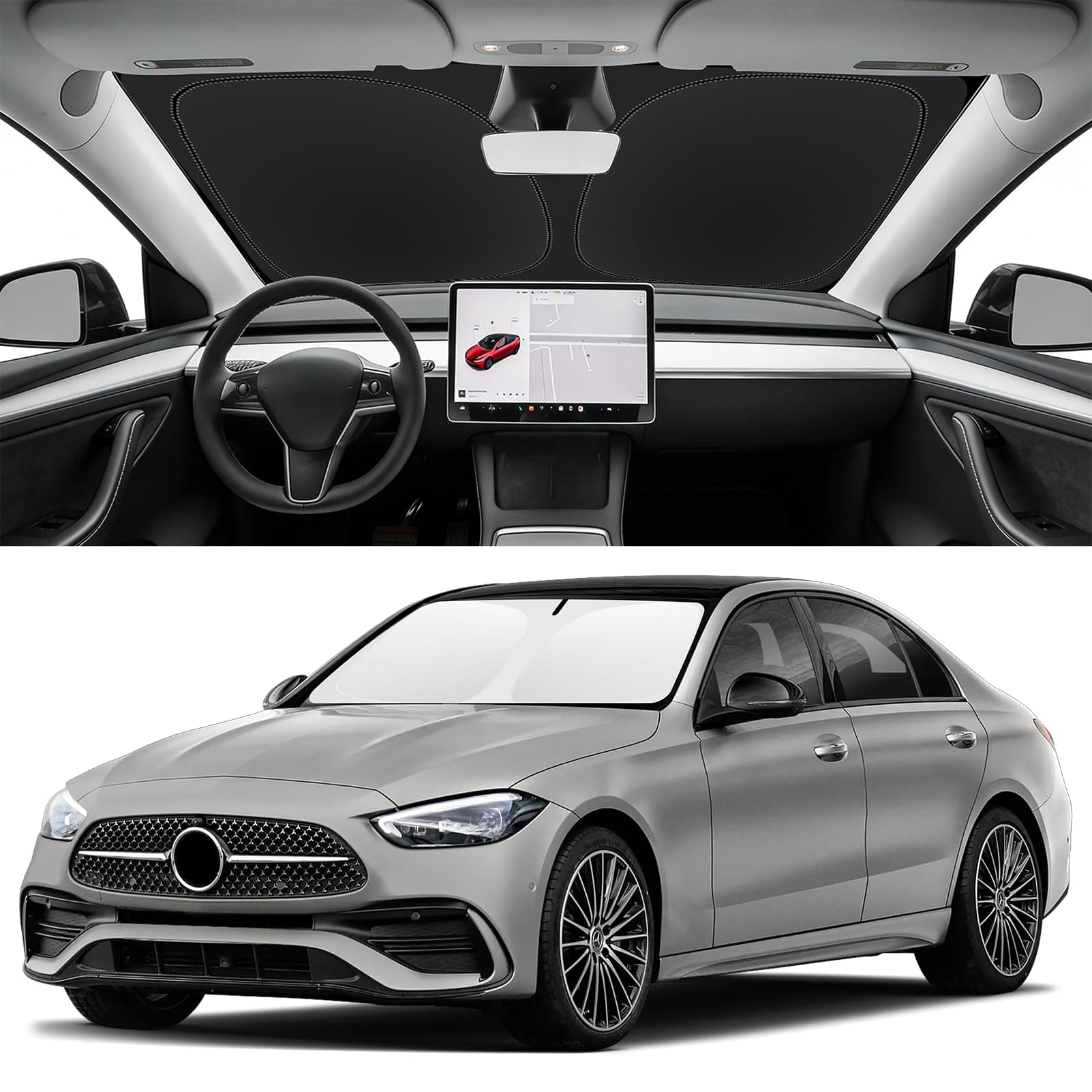 Custom Fit Windshield Sun Shade for Mercedes-Benz C-Class 2015-2026, Blocks UV & Heat, Front Window Sunshade Accessories, Easy Fold & Store Keep Your Car Cooler