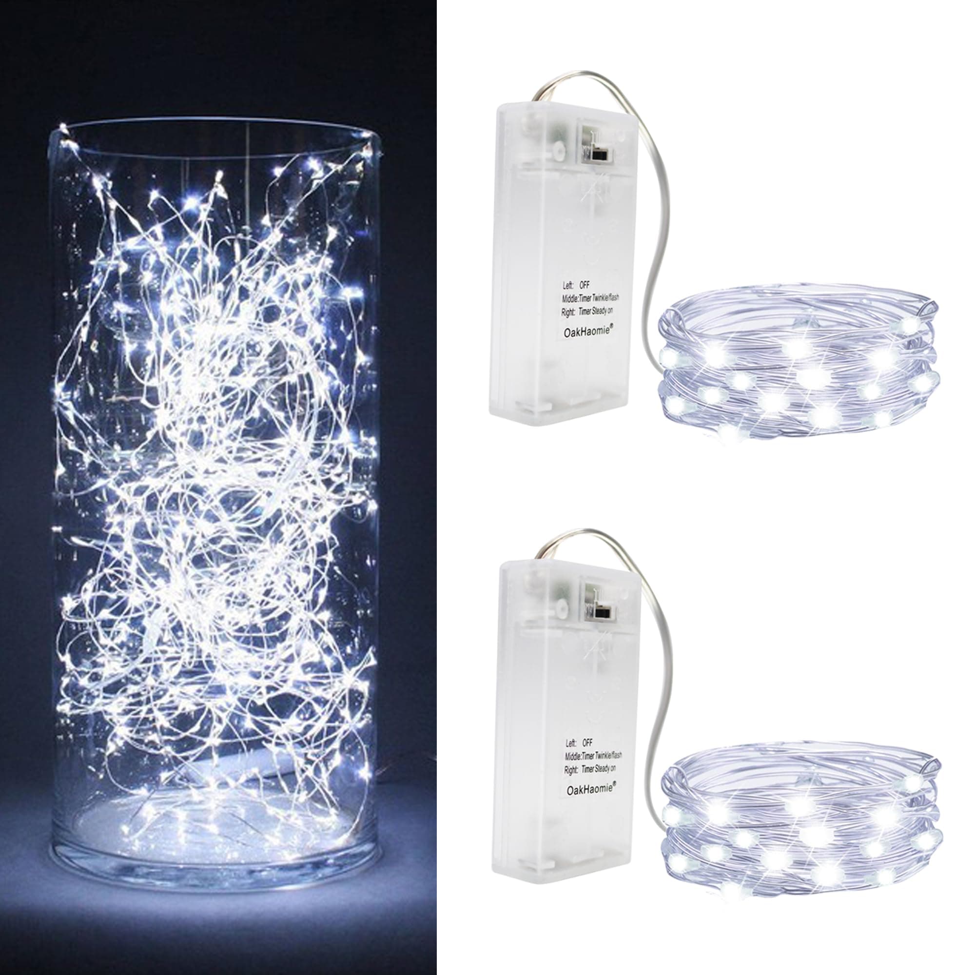 2PCS LED Fairy Lights 16ft 50 LED Twinkle String Lights wtih Timer 2 Modes Waterproof Starry String Lights DIY Party Wedding Christmas Valentine's Day Decoration (Cool White)