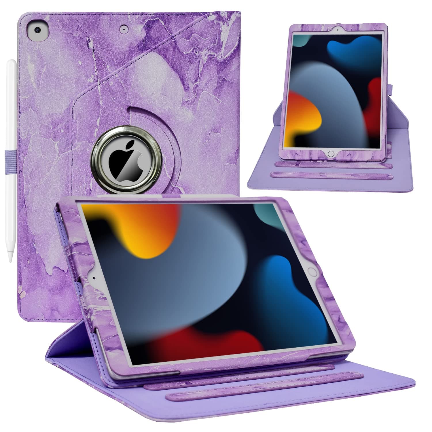 ZoneFokerCase for iPad 9th/ 8th/ 7th Generation, iPad 10.2 inch Case 2021/2020/2019, 360 Degree Rotating Stand, iPad 9 8 7 Gen 10.2'' Leather Cover with Pocket Design & Pencil Holder, Marble Purple
