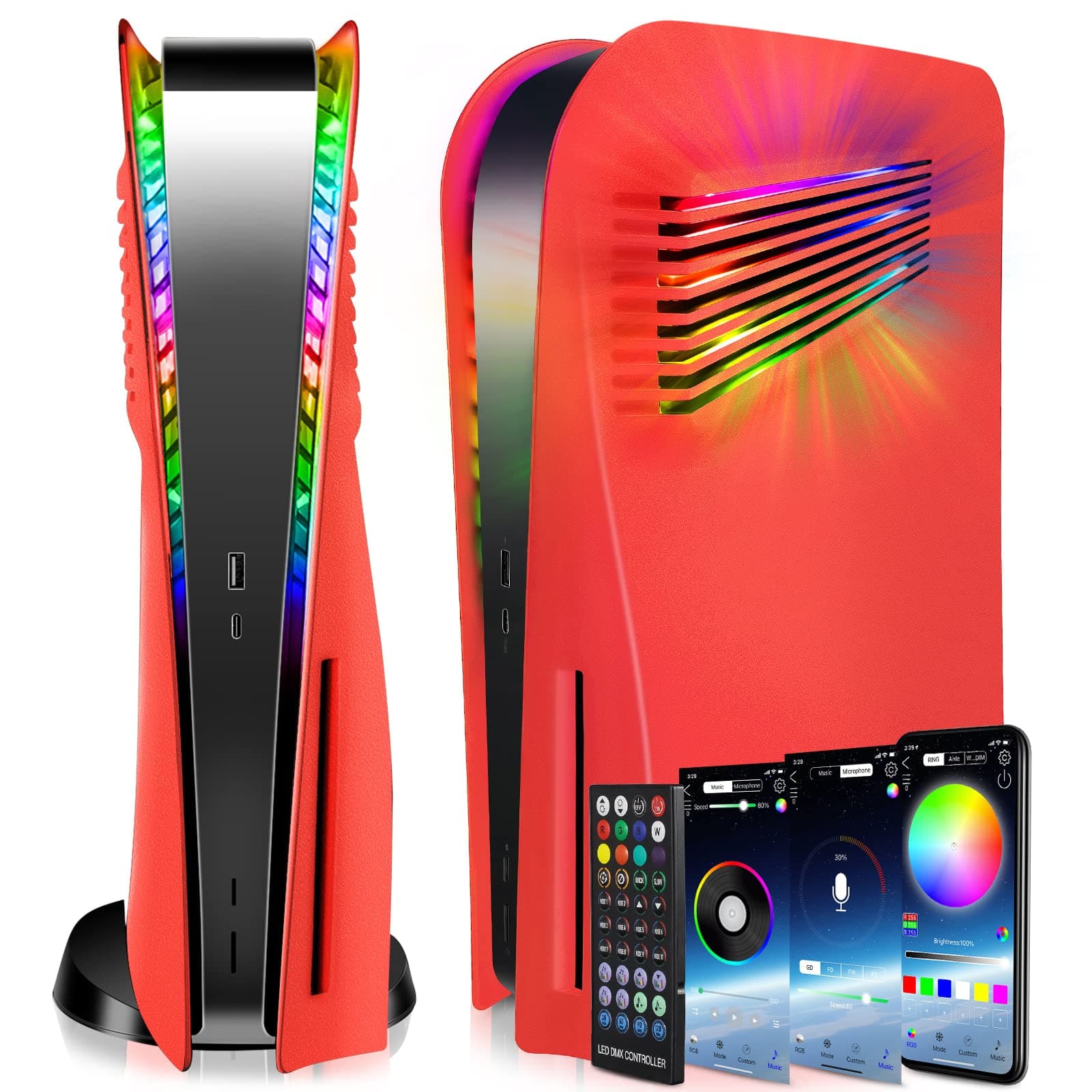 SIKEMAY PS5 Console Plate with Vent and RGB LED Light Strip, Accessories 400+ Effects LED Light Ring Console Cover for Playstation 5, PS5 Side Plate Hard Shockproof Anti-Scratch Shell - Light Red