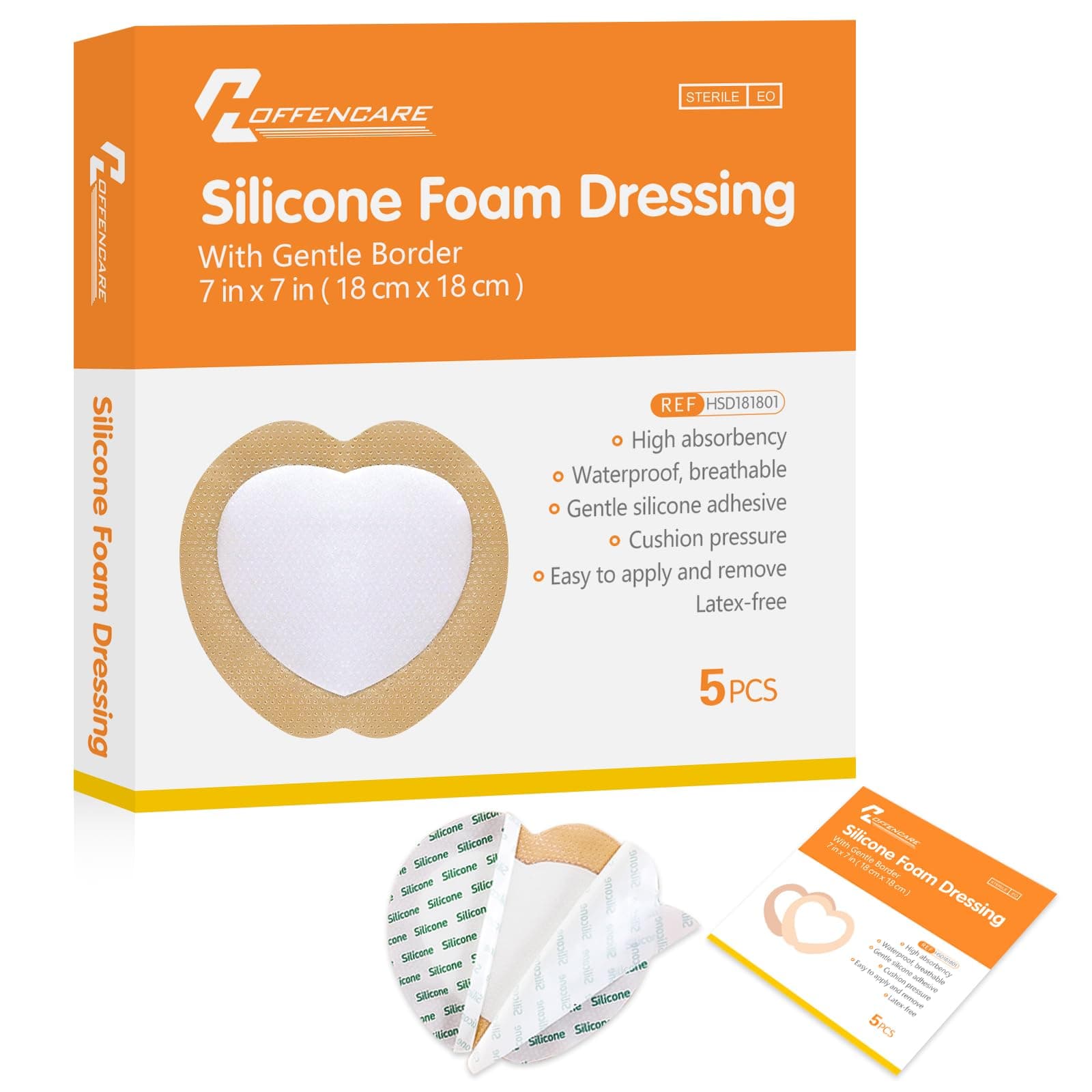 Sacrum Silicone Foam Dressing with Border for Sacral Ulcer, Butt Bed Sore, Pressure Ulcer, Size 7''x7'' (4.9''x5.3'' Pad), 5 Pack High Absorbency Bedsore Wound Bandage by Hoffencare