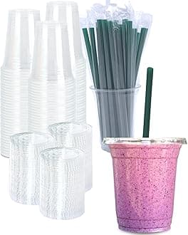 [100 SETS] 12 oz Clear Plastic Cups with Lids and STRAWS, Disposable Iced Coffee cups with lids, Clear Cups with Lids for Cold Drinks, Iced Tea, Milkshakes, Smoothies
