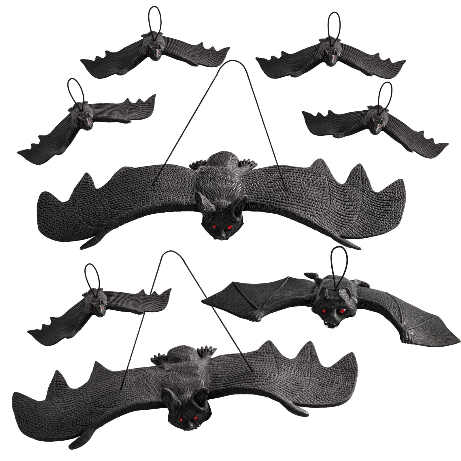 Azonee Halloween Decorations Bats, 8 Pcs Rubber Hanging Vampire Plastic Bats, 3D Flying Realistic Scary Fake Bats Props, Spooky Halloween Decorations for Home Garden Haunted House Party Supplies