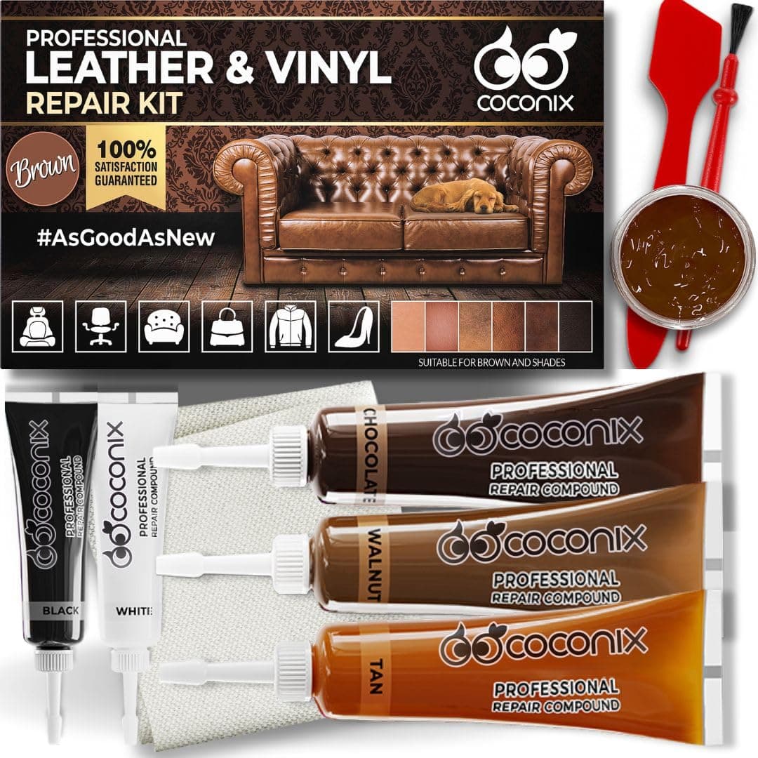 Coconix Leather & Vinyl Repair Kit - Brown & Shades | Fix Tears, Holes, Scratches, and Peeling on Leather and Vinyl Furniture, Car Seats, and Jackets | Easy Application with Customizable Colors