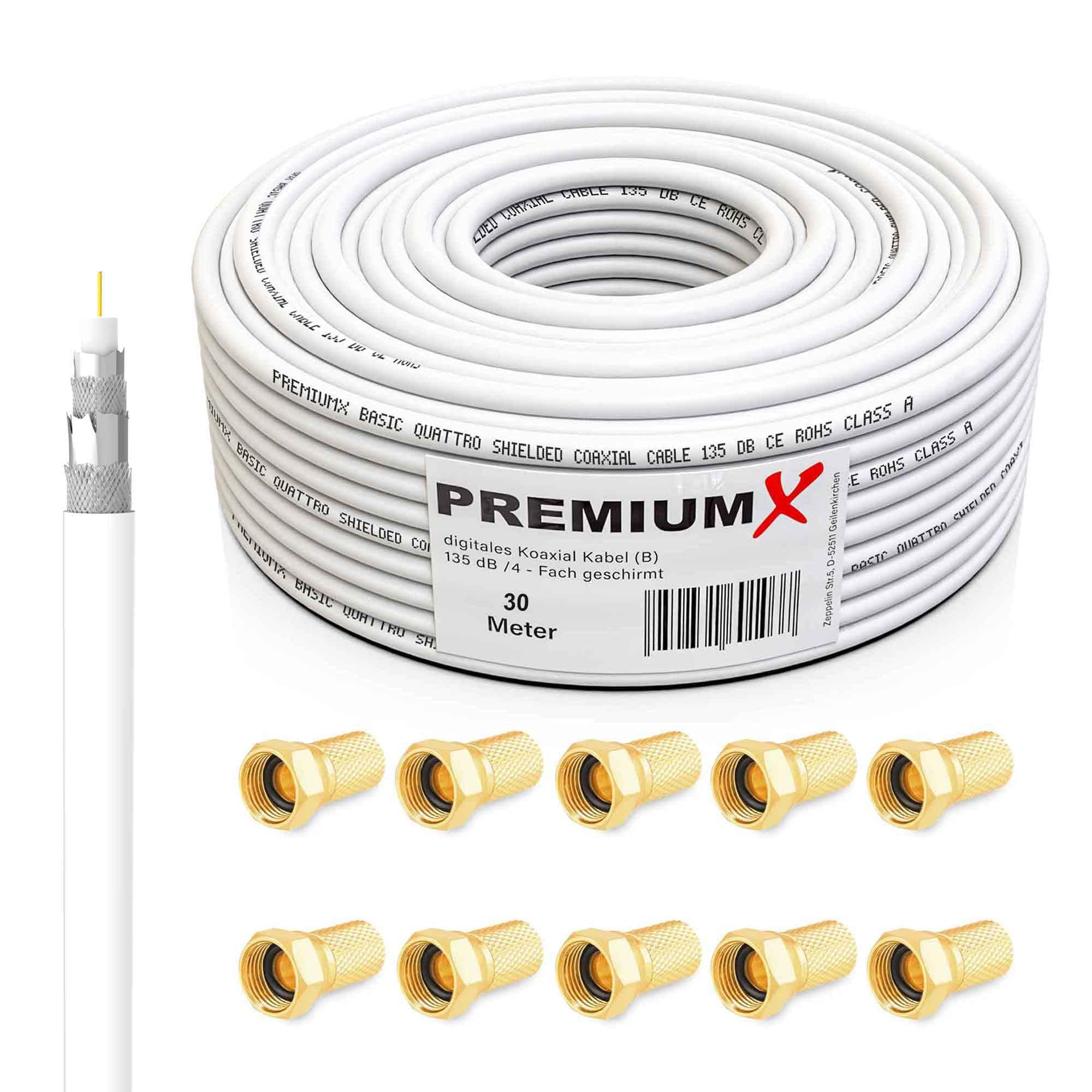 Premiumx X 30 M Sat Coaxial Cable 135 Db 4-Way Antenna Satellite 4K 1080P Full Hd Hdtv Dvb-S/S2 Dvb-C Dvb-T Bk System 10X F-Connector