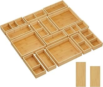 Drawer Organizer 15 Pack(33 Grid) with 18 Inserts, Wooden Adjustable Desk Drawer Divider Trays, Storage Bins for Makeup, Kitchen Utensils, Vanity Accessories in Office/Bathroom/Bedroom