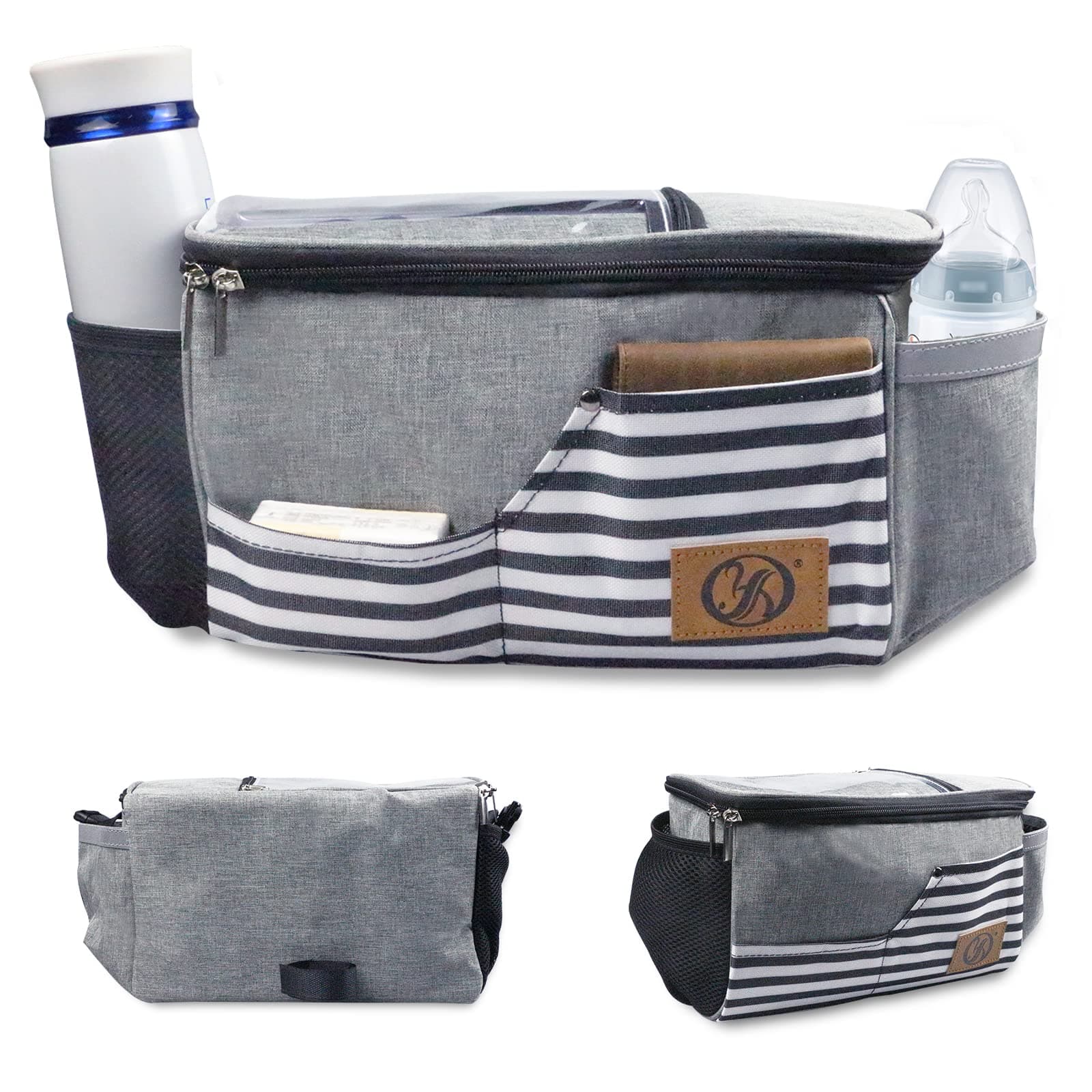 Pram Organiser with Cup Holder, Shoulder Strap and Storage Space for Nappies and Mobile Phones, Baby Accessories Buggy Organiser and Pram Bags Plus with Zip Pocket